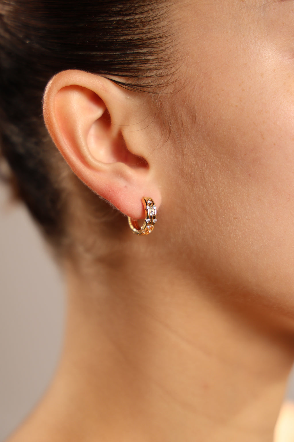 Rose Gold Hoop Earrings with Stripes and Diamonds