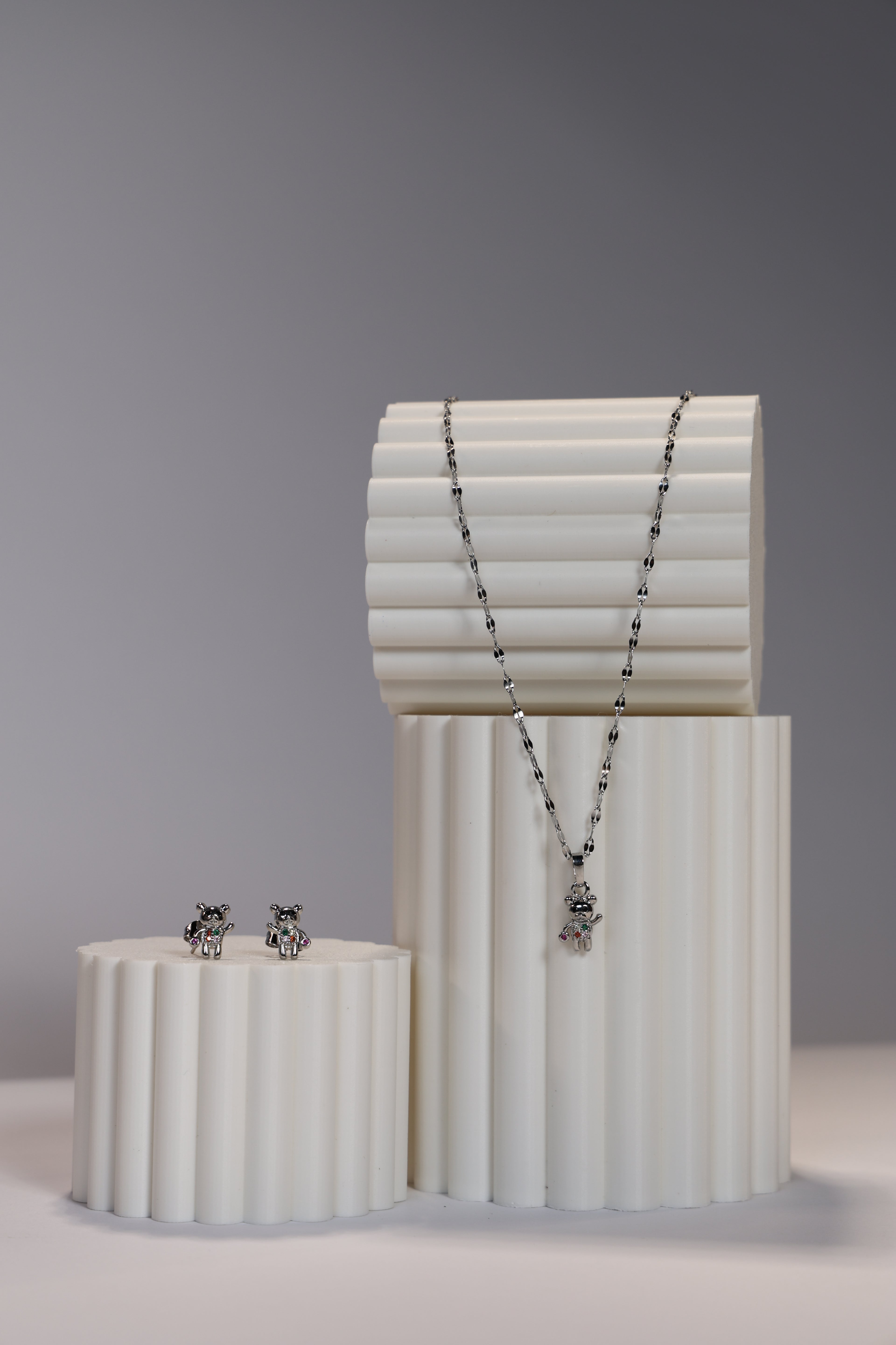 Silver Bear Earring & Necklace Set